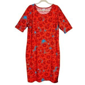 LuLaRoe 3X Julia dress red orange & blue modern floral scoop neck short sleeve